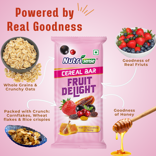 Nutrisense Cereal Bar Fruit Delight (35g) | Real Fruits • Honey Sweetened • Crunchy Energy Snack
