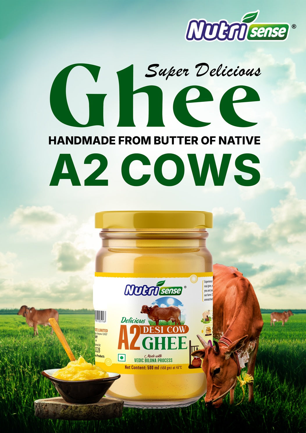 Nutrisense A2 Desi Cow Ghee | Vedic Bilona Method | Pure & Natural | 500 ml
